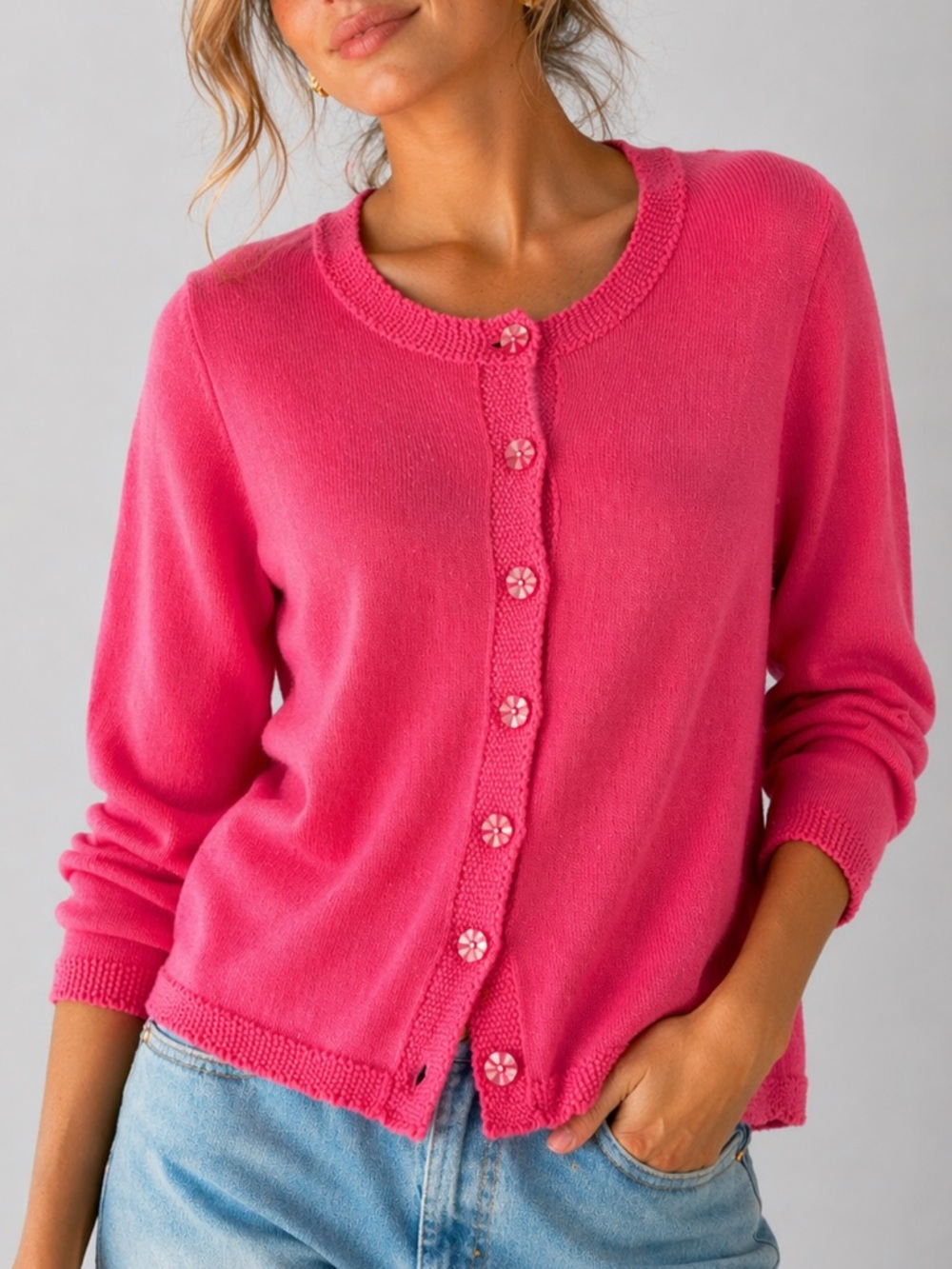 Northern Reflections Pink Knit Cardigan Sweater Floral Buttons 100% Cotton Small